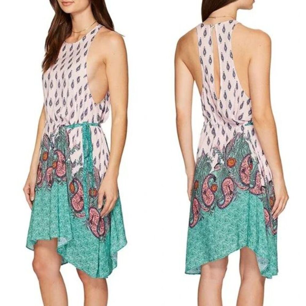 Free People Dress XS Women's Pink Paisley Back Cutout Asymmetrical Hem Bohemian